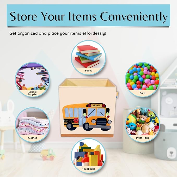 Washable Cube Storage Organizer Bins, Foldable Canvas Toy Organizers and Storage for Toys, Books, Clothes- Kids Storage Bins for Bedroom or Playroom -13x13x13 Inch (School Bus)