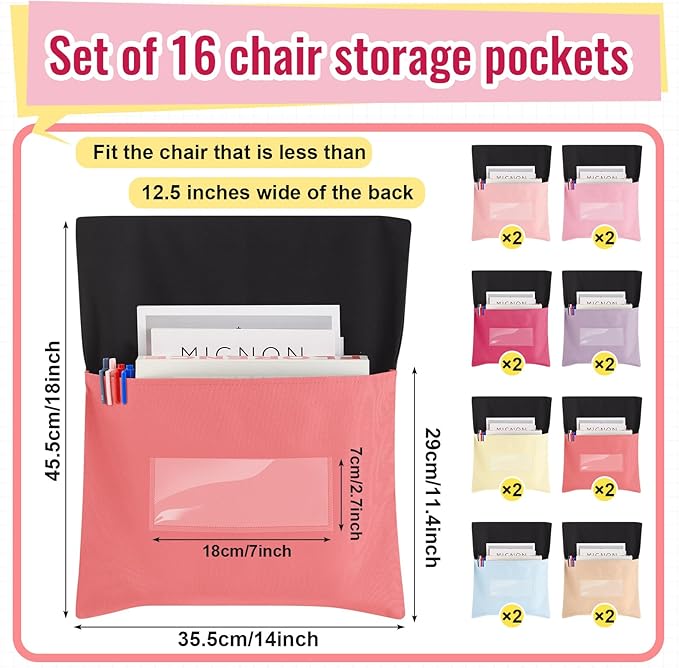 Chair Pockets for Classroom Chairback Pocket Chart 14 x 18 Inch Desk Organizer Pocket Chair Bag for Seat School Classroom(Classic,Pink,16 Pcs)