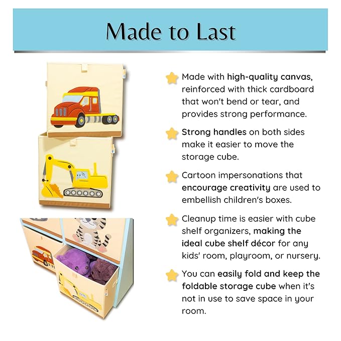 Washable Toy Organizers and Storage, Canvas Toy Chest Organizer Foldable Kids Toy Storage Organizers for Child's Bedroom or Playroom -13x13x13 Inch (Excavator)