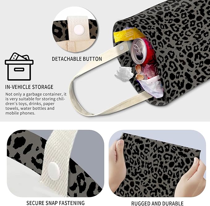 Cute Car Trash Can, Hanging Canvas Car Back Seat Organizer and Storage Bag, Funny Car Trash Bag for Travelling, Outdoor Cute Gray Leopard