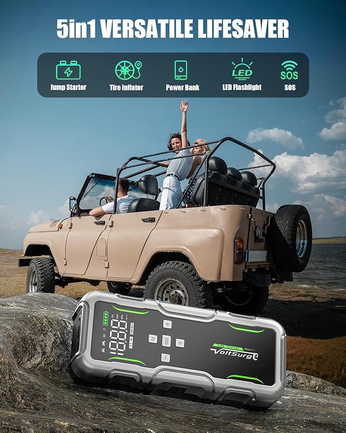 8000A Jump Starter with Air Compressor, 12V Portable Battery Jumper Starter Pack(All Gas/10.0L Diesel) for Car, Jump Box with 150PSI Auto Tire Inflator, LCD Display & Lights