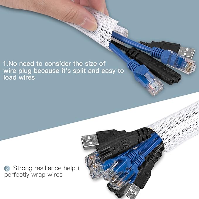 AGPTEK Cable Sleeve, 6.6ft - 1.5 inch Cable Management Desk Cord Cover Organizer Wire Hider for Home Office Computer TV Wire Loom Tubing Pet Proof Cord Protector from Cat Dog Chewing, White