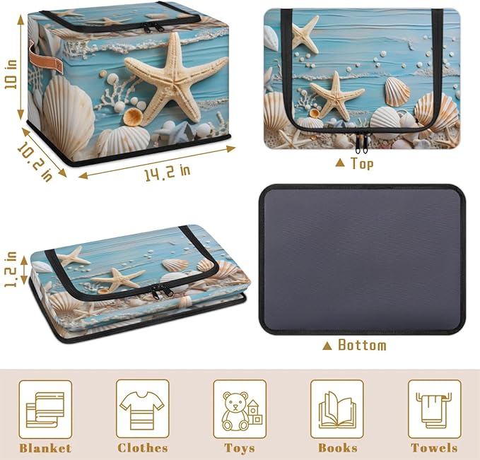 Ocean Shells Starfish Storage Bins With Zipper Lid, Collapsible Trunk Organizer, Car Organizers and Storage Bins with Lids, Decorative Storage Boxes with Handle, Home Storage Baskets for Organizing