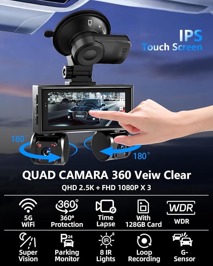 4 Channel Dash Cam Front and Rear Inside Left Right Car Dash Camera 360 View, 2.5K QHD Car Camera Supper Night Vision, 5G WiFi 3.16” IPS Touch Screen, G-Sensor,24H Parking Mode Free128G Card 256G Max