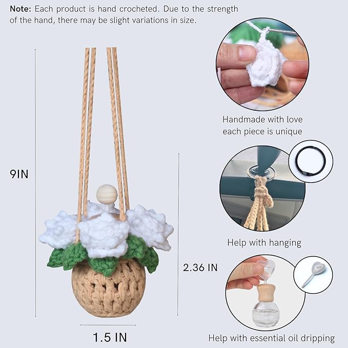 ROFIGL Handmade Crochet Hanging Car Air Freshener - Pure Elegant White Rose Design, 12ml Refillable Thick Glass Bottle, Car Diffuser for Rearview Mirror, Home & Office Minimalist Decor