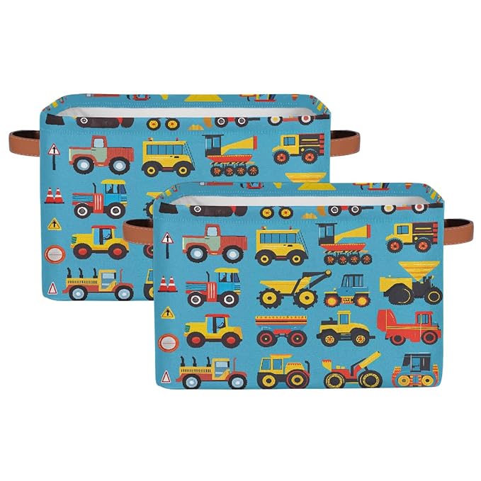 Cartoon Construction Storage Baskets for Organizing, Fabric Collapsible Storage Bins Box Cars Tractors Bulldozers Decorative Toy Organizer Baskets for Closet Shelves Gift Basket 2Pcs