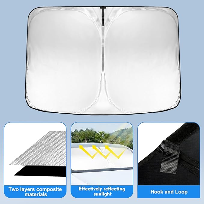2026 Windshield Sun Shade for Tesla Model Y & Model 3 Lightweight Easy Foldable Car Windshield Sunshade - Sunlight and Dashboard Protection Accessories (Silver)