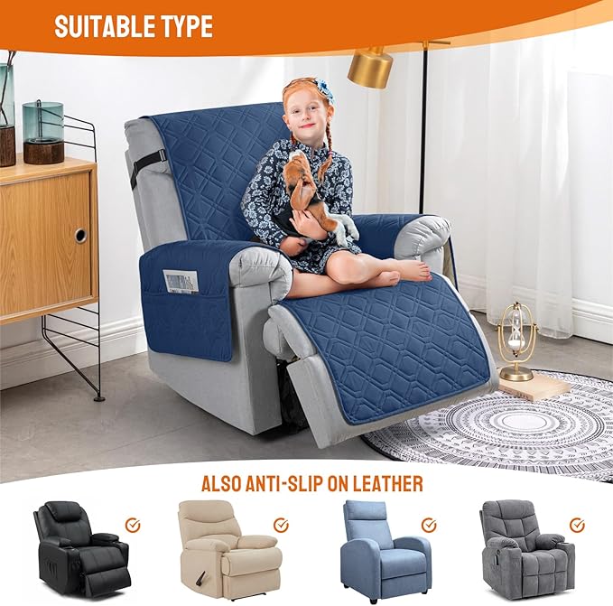 VANSOFY 100% Waterproof Recliner Chair Covers, Recliner Cover Non-Slip Dog Chair Cover Furniture Protector Washable Slipcover with Pocket, Elastic Straps for Pets, Dogs(Ocean Blue, 23.6")