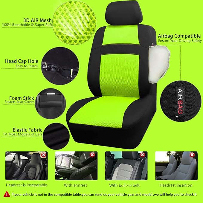 CAR PASS Seat Cover Full Sets, 3D Air Mesh Car Seat Cover with 5mm Composite Sponge Inside,Airbag Compatible Universal Fit for SUV,Vans,sedans, Trucks, Automotive Interior Covers(Lime Green)