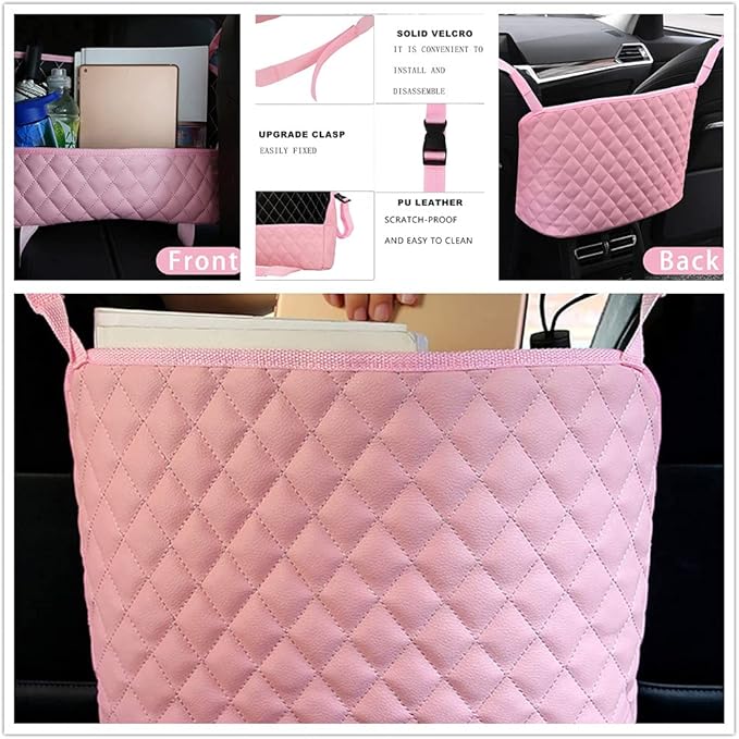 Pink Handbag Holder for Car,Durable Pu Leather Car Organizer Back Seat Net Bag Driver Storage Netting Pouch Seat Back Net Bag Backseat Pet Kids Barrier