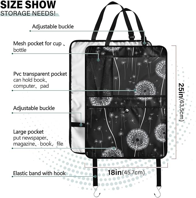 Black Dandelion 2 Pack Backseat Car Organizer with Storage Pockets Seat Back Organizers for Kids Kick Mats Backseat Protector Automotive