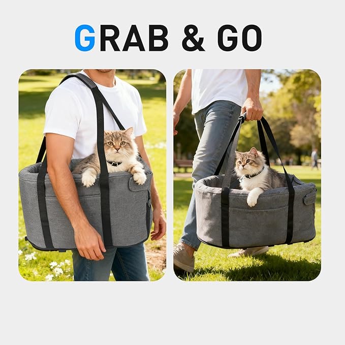 Small Dog & Cat Car Seat, Detachable Seat, Console Fit, Adjustable Straps, Storage Pocket & Clip-On Leash - Ideal for Pets Under 15 lbs