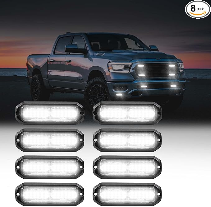 WINECO 8pcs Ultra Slim White 12-LED Surface Mount Grille Flash side marker Emergency Strobe Lights,Grill Warning Police Lights Hazard Beacon Flashing Caution Light for Vehicles Motorcycles 12V-24V