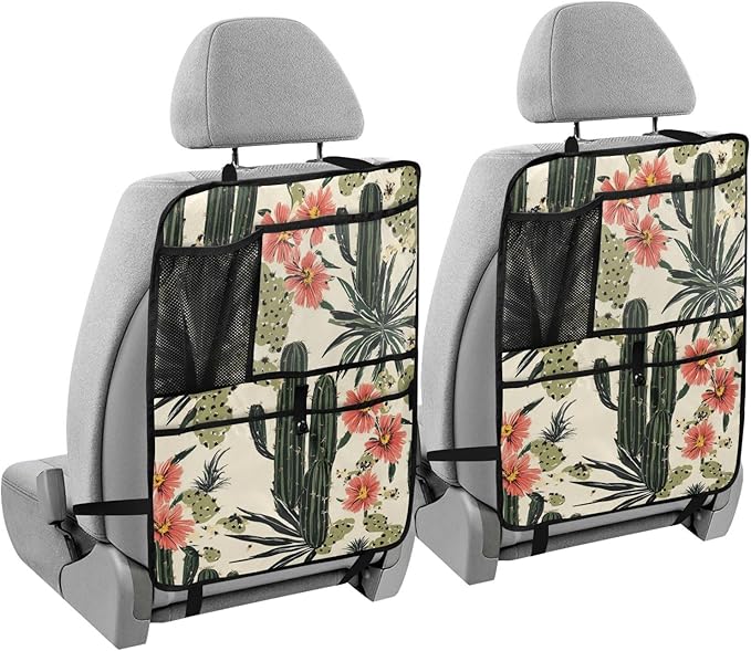 Retro Cactus Polynesia Flower 2 Pack Backseat Car Organizer with Storage Pockets Seat Back Organizers for Kids Kick Mats Backseat Protector Automotive