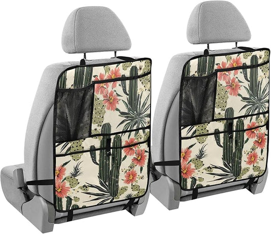 Retro Cactus Polynesia Flower 2 Pack Backseat Car Organizer with Storage Pockets Seat Back Organizers for Kids Kick Mats Backseat Protector Automotive