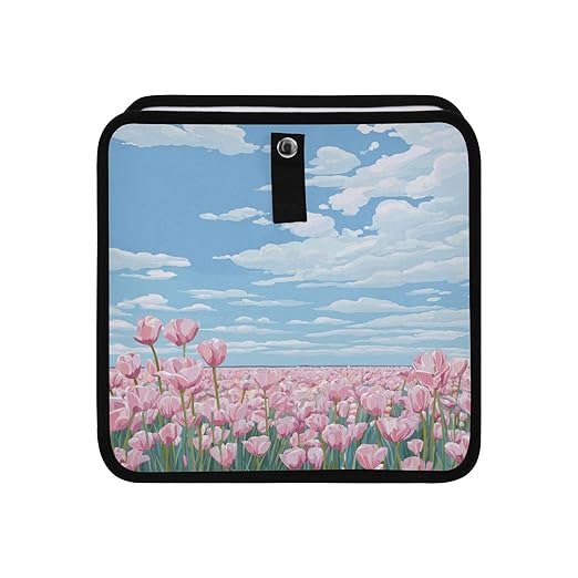 Car Trash Can Organizer Bin with Adjustable Strap for Back Front Seat Console Waterproof Leakproof Collapsible Portable 8.66 Inch Pink Tulip Field and Blue Sky