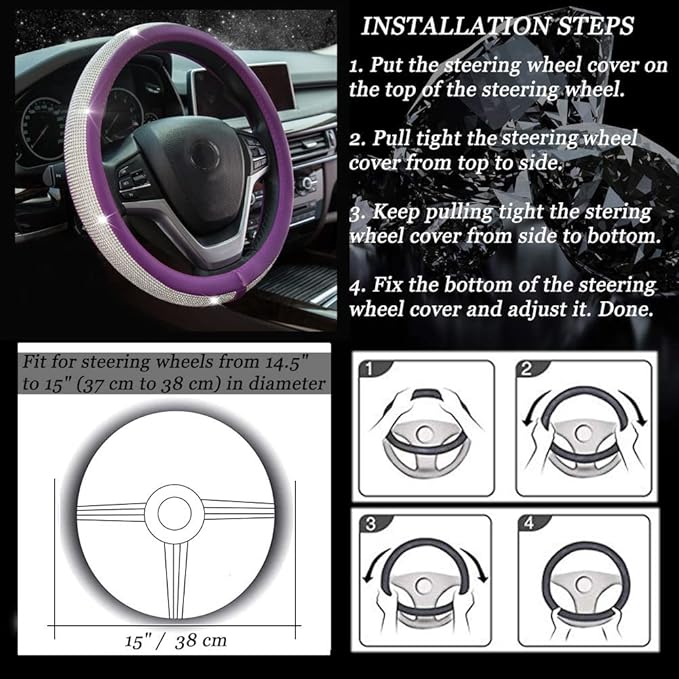 New Diamond Leather Steering Wheel Cover with Bling Bling Crystal Rhinestones, Universal Fit 15 Inch Car Wheel Protector for Women Girls Purple