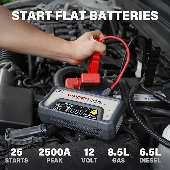 LOKITHOR JP400 Jump Starter with Air Compressor, 2500A 12V Portable Car Battery Booster Pack (8.5L Gas/6.5L Diesel) with ConnectMax Tech, 150PSI Tire Inflator, Auto-Shutoff & Dynamic Dwell (White)