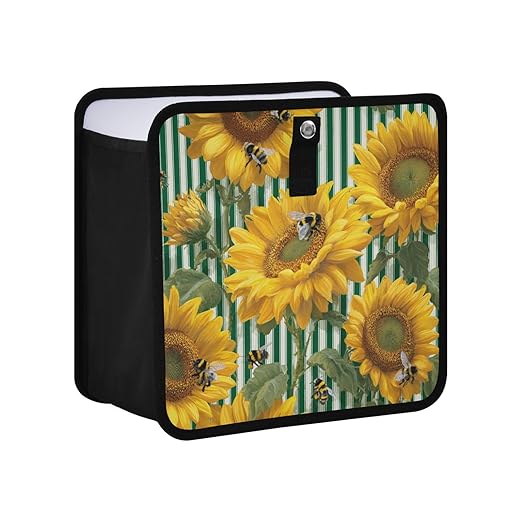 Car Trash Can Organizer Bin with Adjustable Strap for Back Front Seat Console Waterproof Leakproof Collapsible Portable 11 Inch Green Striped Sunflowers and Honey Bees