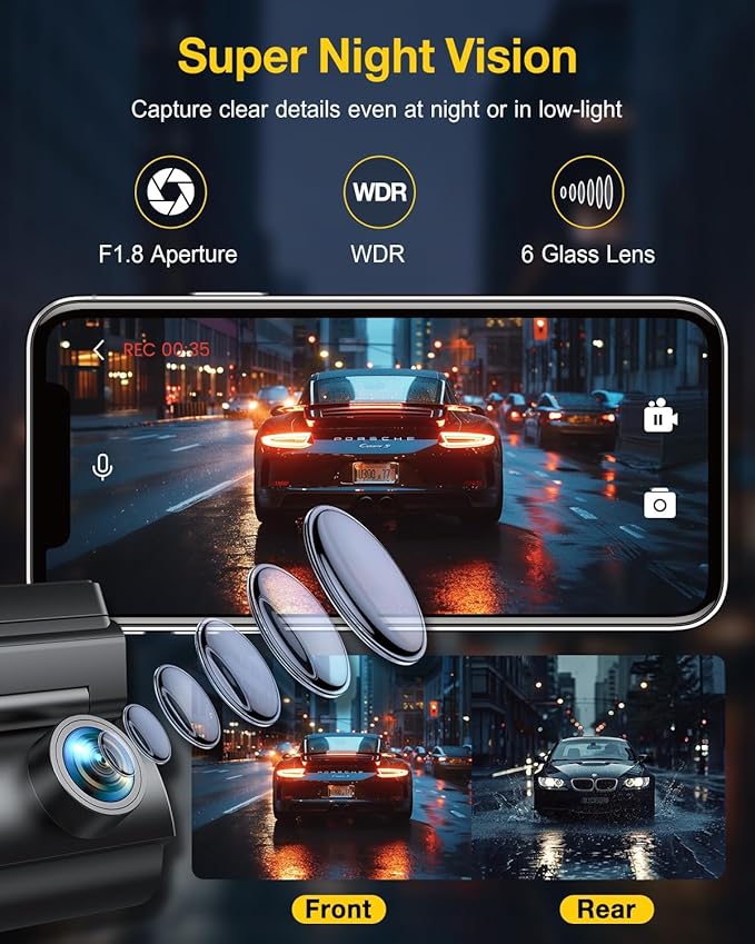 GKU Dash Cam Front and Rear Camera,4K+1080P, 5.8GHz WiFi & GPS Dash Camera for Cars,with 64G SD Card,1.47" Display Dashcam, 24HParking Mode,App,Super Night Vision,Support Max 256GB (D600Pro)