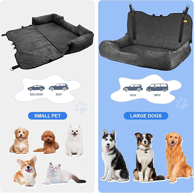 Large Dog Car Back Seat for 100lbs Dogs Pet Bed Car Seat Fully Detachable Washable Travel Safety with Storage Pocket Black