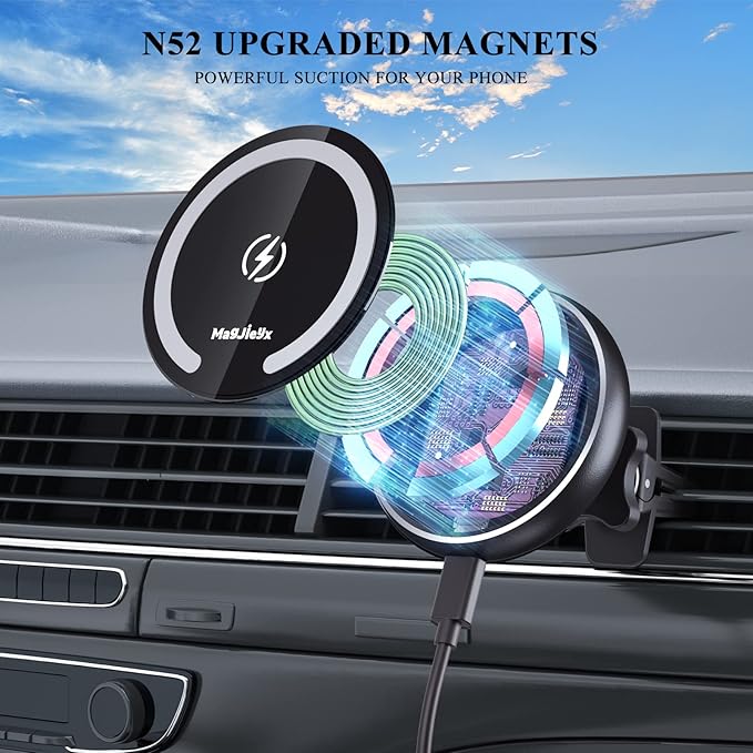 MAGJIEYX Fits Car Mount Wireless Charger, Gooseneck Long Arm Suction Cup, Fast Charging Strong Magnets Car Phone Holder,Dash/Vent/Windshield for iPhone 15/14/13/12,Pro Max,Plus,Mini,MagSafe Case