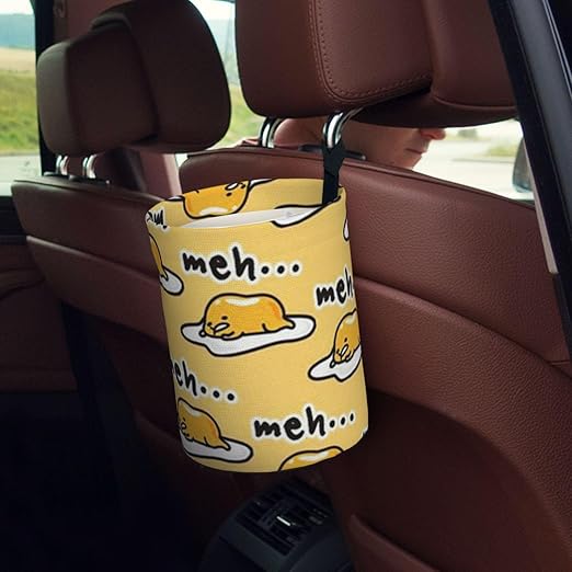 Gudetama Cute Car Trash Can Leak Proof Hanging Waterproof Garbage Can Multipurpose Trash Bin for Car SUV Front Seat Headrest Collapsible and Portable Storage Pocket