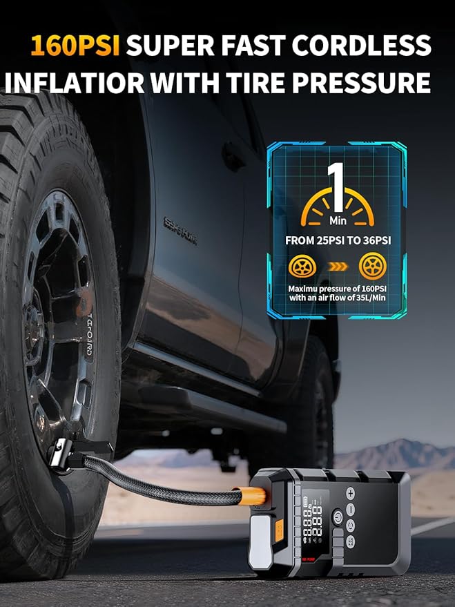 Jump Starter with Air Compressor, Battery Jumper Starter Portable,12V Jump Box with 160PSI Tire Inflator for Car Battery, LED Display for All Gas & 12L Diesel Engines, LED Light, Jumper Cables