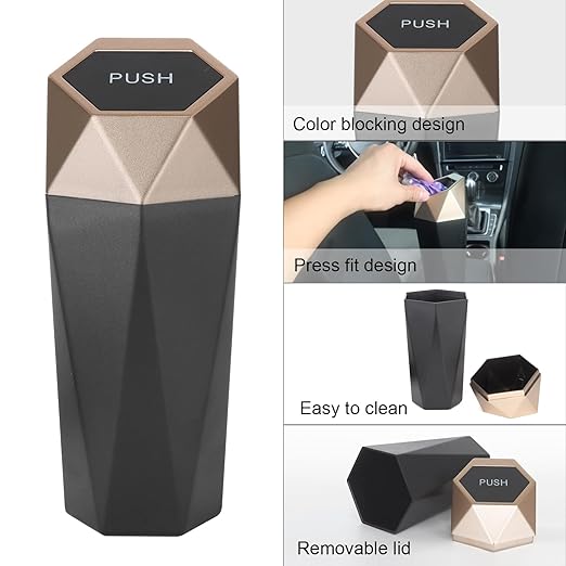 Car Trash Can Bin,Small Garbage Can with Lid,Automotive Cup Holder Mini Cars Trashcan,Portable Cute Cars Door Trash Cans,Women Car Dustbin (1Pcs, Gold)