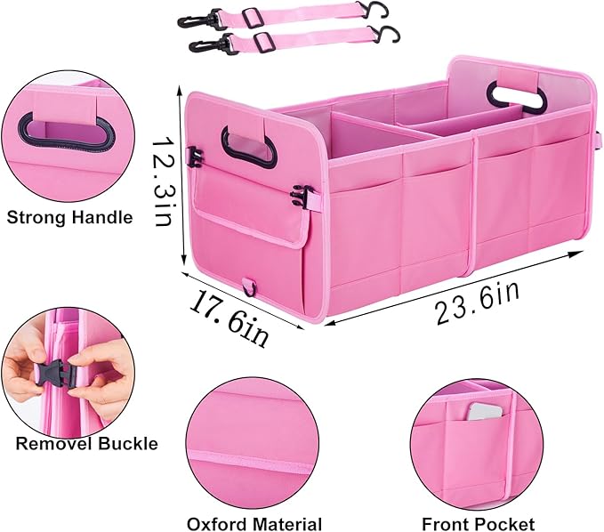 Trunk Organizer For Suv & Sedan,Car Organizers and Storage, Waterproof Collapsible & Adjustable Straps,70L Sturdy Car Organization for Car Accessories, Tools,Sundries,2-3 Compartment（Pink