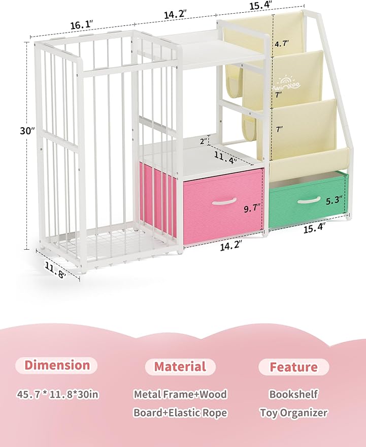 Kids Bookshelf and Toy Storage, Large 3 Tier Book Shelf for Kids Rooms, Sling Baby Bookcase with Stuffed Animal Storage, Toddler Montessori Bookshelf for Nursery, Playroom (Pink+Green)