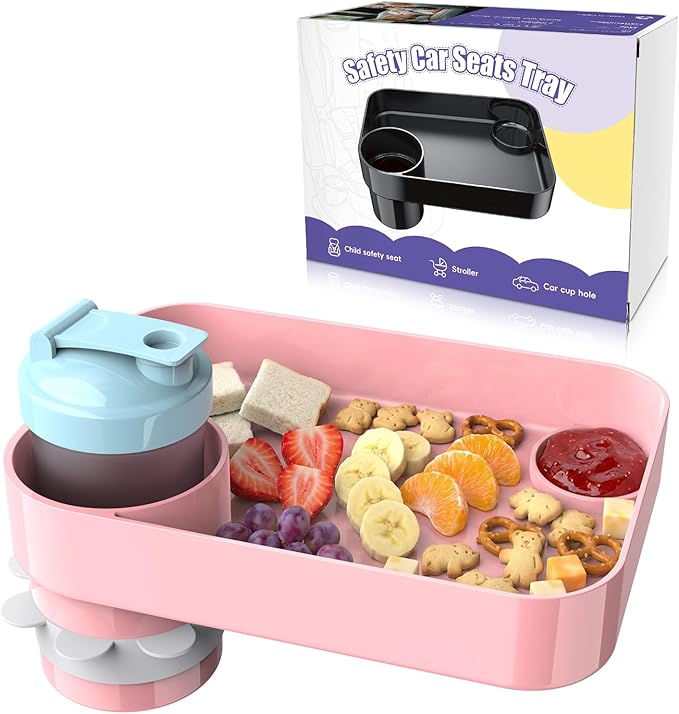 Kids Car Travel Tray Square for Kids Car Seat Snacks Trays, Car Seat Tray with Cup Holders for Toddler, Stroller, Tesla Travel Must Have (Pink)