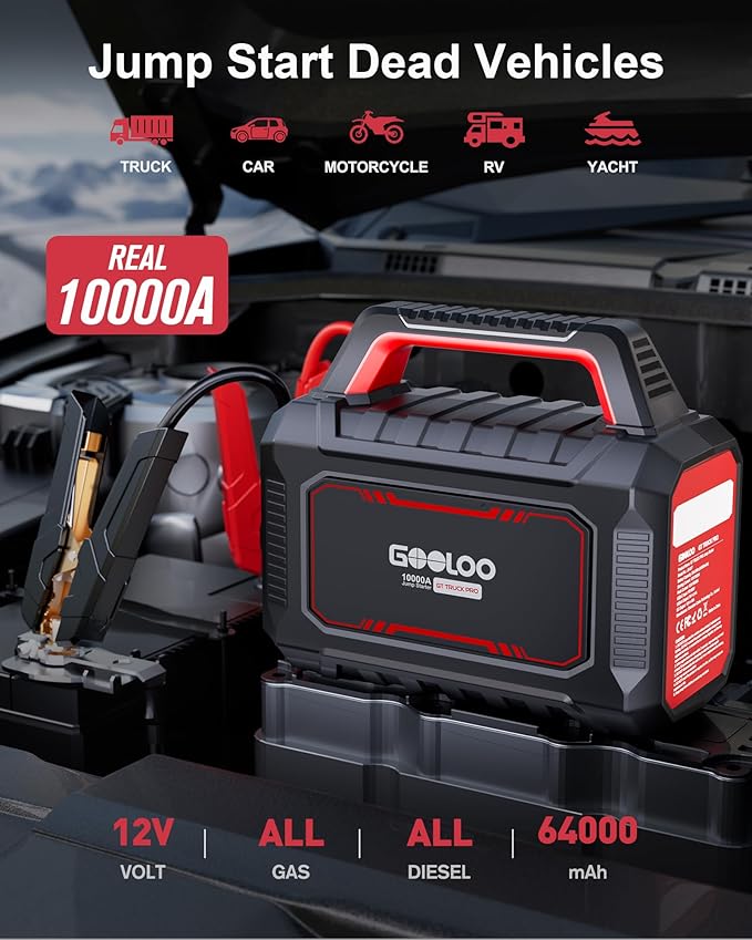 GOOLOO GT Truck PRO 10000A Jump Starter with 65W Fast Charge, 64000mAh Portable Car Battery Booster Power Pack (for All Gas All Diesel), 12V Jump Box with LED Light, Thickened Jumper Cable