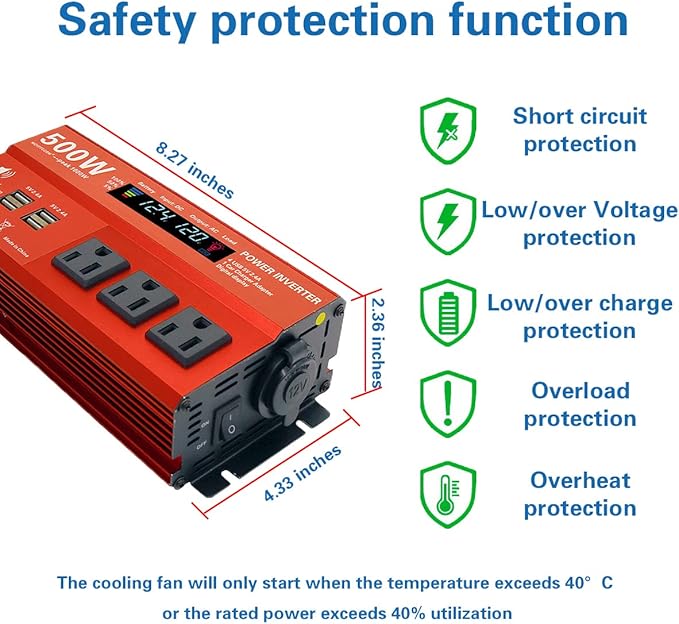 500W Peak 1000W Power Inverter for Vehicles,DC 12V to 110V AC,4 x 2.4A USB Ports car Plug in Adapter Outlet with 1 Cigarette Lighter Ports car Power Inverter