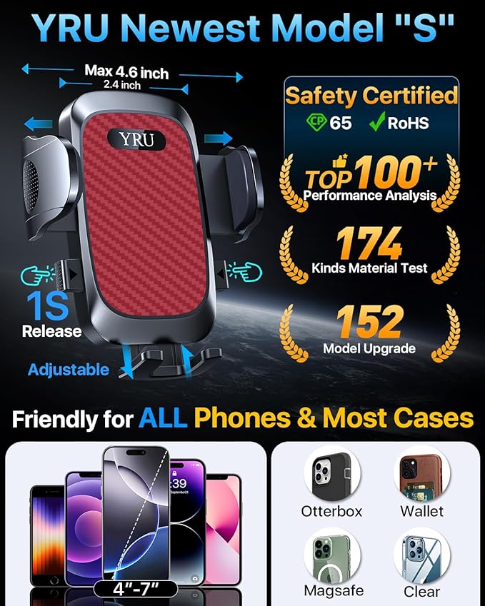 YRU [2026 Ultimate Car Phone Holder Mount [Bendable & Adjustable Aluminum Arm] Cell Phone Holder for Car Dashboard Windshield Phone Stand for iPhone 17 16 15 14 Pro Max Samsung Pickup Truck,Tomato Red