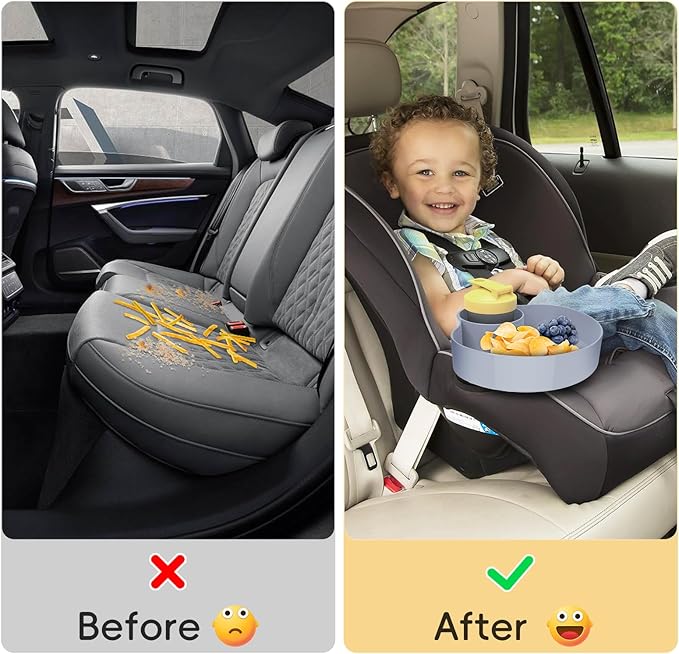 Car Seat Snack Tray for Kids: Kids Car Travel Tray with Cup Holder, Toddlers Road Trip Essential, Snacks Food Plate for Stroller, SnackTray with a Cup Holder (2, Gray)