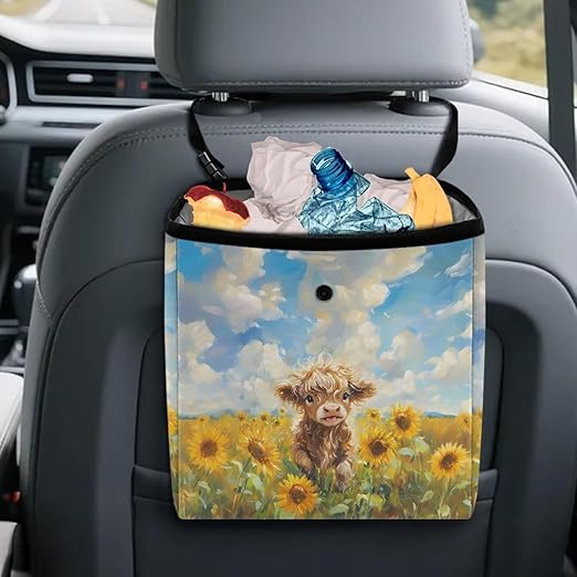 Highland Cattle Sunflower Print Car Trash Can Leakproof Trash Bin Car Garbage Can Hanging Water-Resistant Collapsible Auto Trash Bag Car Accessories for Women Men