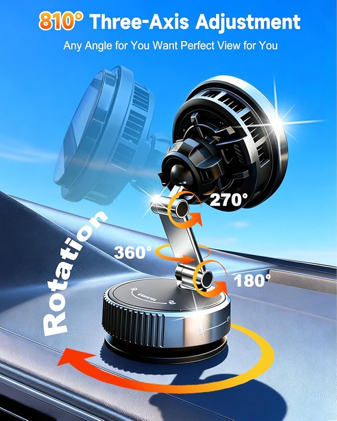 TEC&Fan Cooling Magnetic Wireless Car Charger, For Magsafe Car Mount Fast Charging, Vacuum/Air Vent Car Phone Holder [120LBS Ultra Suction Cup&3000gf Magnet] Dashboard Car Bracket for iPhone/Samsung