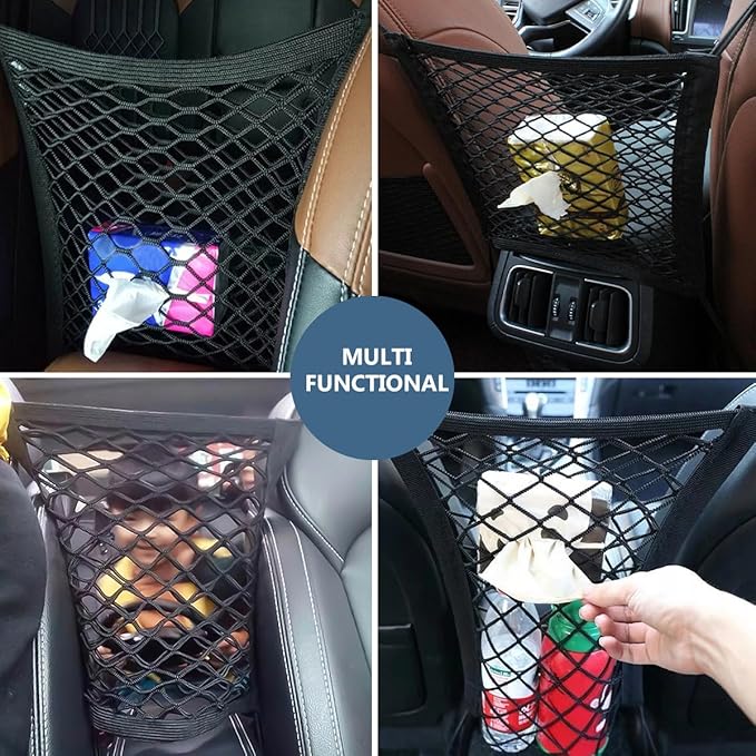 2-Layer Car Mesh Organizer, Seat Back Net Bag Stretchable Barrier of Backseat Pet Kids, Four-Side Elastic Storage Netting Pouch Cargo Tissue Purse Holder Between Front Seats
