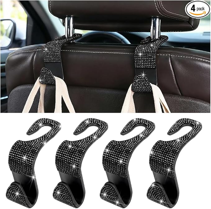4PCS Bling Car Seat Headrest Hooks, Crystal Rhinestone Vehicle Purse Handbag Coat Hangers Holder, Automotive Interior Storage Organizer Accessories for Women Girls, Universal Fit (Black)