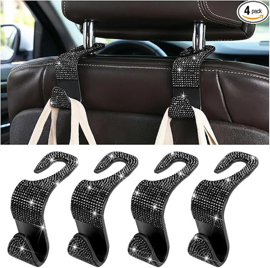 4PCS Bling Car Seat Headrest Hooks, Crystal Rhinestone Vehicle Purse Handbag Coat Hangers Holder, Automotive Interior Storage Organizer Accessories for Women Girls, Universal Fit (Black)