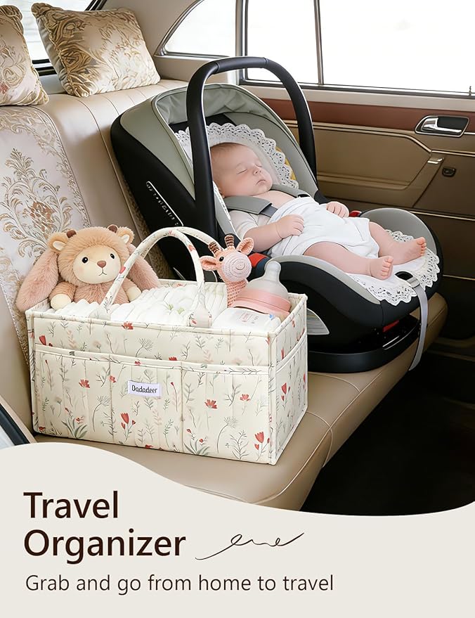 Baby Diaper Caddy Organizer, Portable Nursery Storage Basket for Newborn Essentials, Changing Table & Car Caddy Organizer, Gift for Baby Shower, Registry Must-Have for Boy Girl, Floral Beige