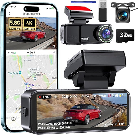 Dash Cam Front and Rear, 4K Dash Cam Built-in 5.8G WiFi GPS ADAS, 3.2" IPS Screen Dash Camera for Cars with Free 32GB Card,G-Sensor,Loop Recording,WDR,Night Vision Dashboard Camera