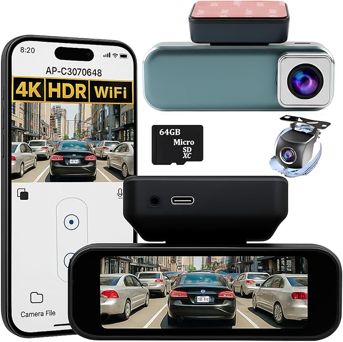 Dash Cam Front and Rear with WiFi, 4K+1080P Dash Camera for Cars, 7Track Dual Car Camera with App Control, 64GB Card, 3.19" IPS Screen, Night Vision, Parking Mode, Loop Recording for Personal Use