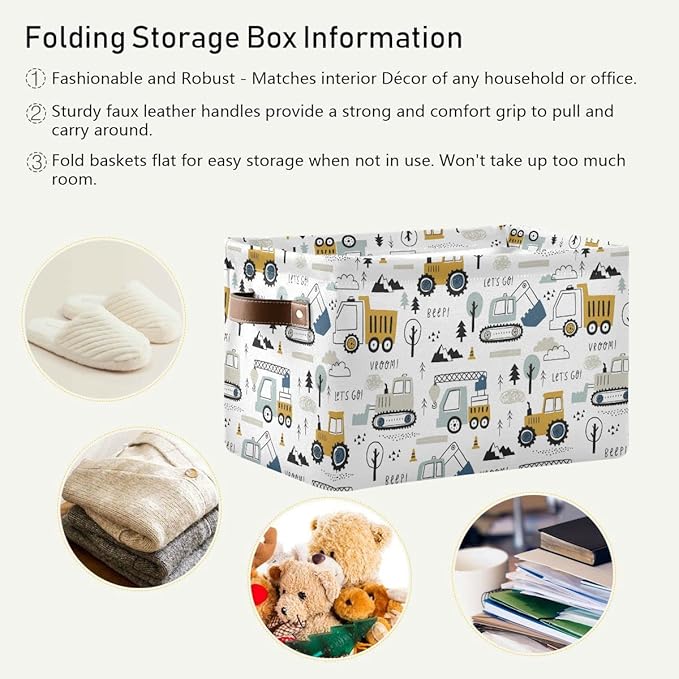Wamika Excavator Truck Storage Basket Fabric Kitchen Baskets Cars Boys Open Home Storage Bins Boxes Foldable Organizer Bag for Baby Cloth Book Shelf Closet Baskets 16×12×8 Inches
