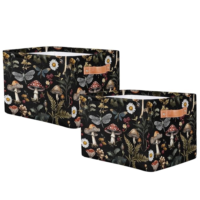 Mushrooms Daisies Storage Baskets for Organizing, Fabric Collapsible Storage Bins Box Forest Plants Decorative Toy Organizer Baskets for Closet Shelves Gift Basket 2Pcs