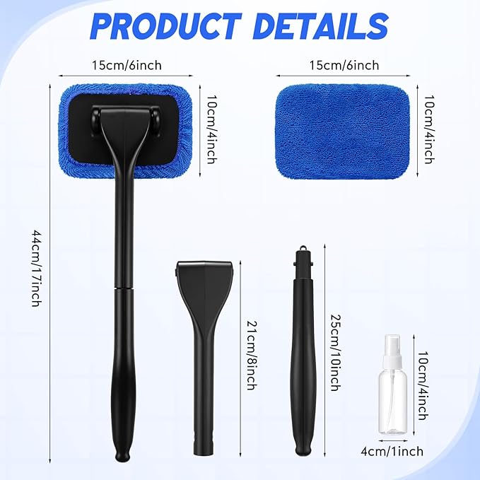 FoldTier 8 Pcs Car Windshield Cleaner Tool Kit with Removable Handle, Microfiber Towel Pads, Brush, Empty Spray Bottle for Auto Glass Wiper Suvs Rvs & Home Windows(Royal Blue)