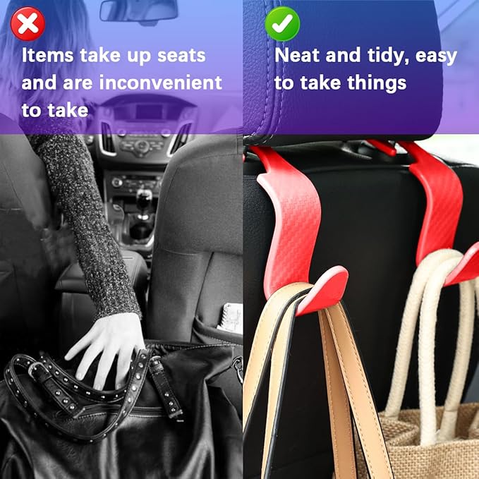 Car Seat Headrest Hooks, 4PCS Carbon Fiber Vehicle Back Seat Storage Hanger Holder for Hangbag Coat Grocery, Automotive Interior Headrest Hook Organizer, Universal for Vehicles (Red)
