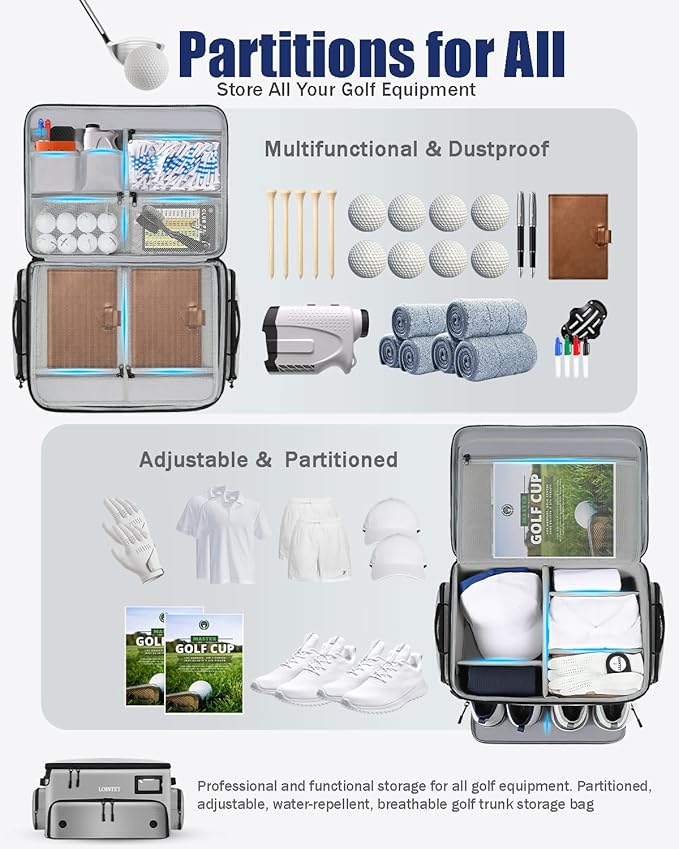 Golf Trunk Organizer, Waterproof Car Golf Locker with Separate Ventilated Compartment for 2 Pair Shoes, Golf Storage for Balls, Tees, Cap, Clothes, Gloves, Accessories, Gifts for Men, Women