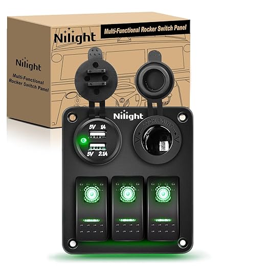 Nilight 3 Gang Rocker Switch Panel with USB Charger and Cigar Lighter 12V 24V Toggle ON Off Green Night Glow Stickers for Cars Rvs Trucks